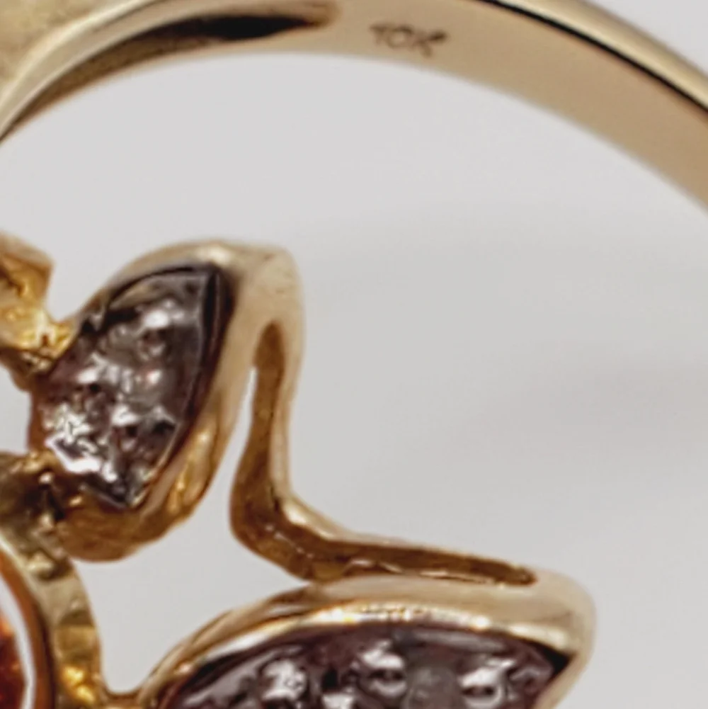 10k Solid Yellow Gold Genuine Spessartite Mandarin Garnet & Diamond Flower Ring